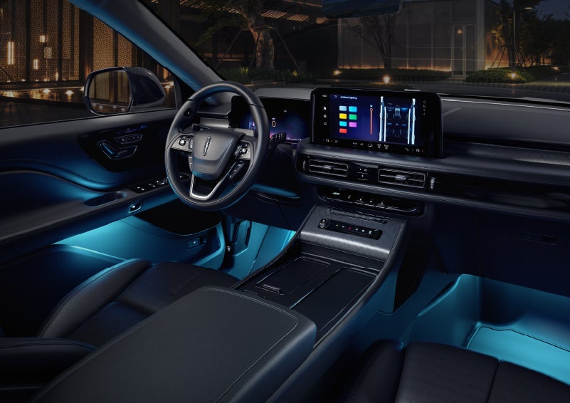 Deep blue ambient lighting glows from various places within a 2026 Lincoln Aviator® SUV. | Palmetto Lincoln in Charleston SC